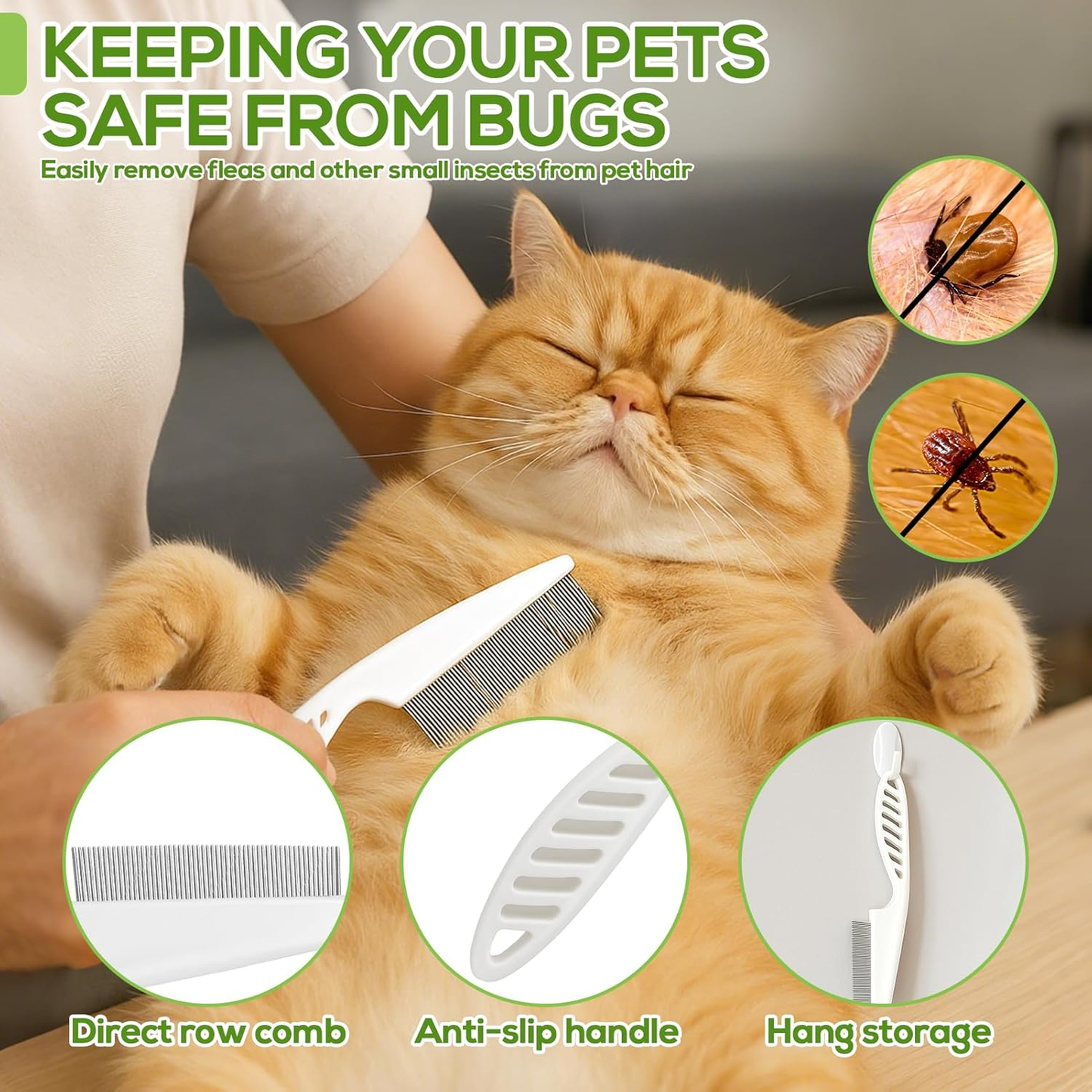Rotatable Flea Comb for Cats and Dogs, Self Cleaning Pet Flea Comb Grooming Brush for Shedding and Detangling, Fine Tooth Tick Lice Comb for Short & Long Pet Hair Removal Tool,2 Pcs