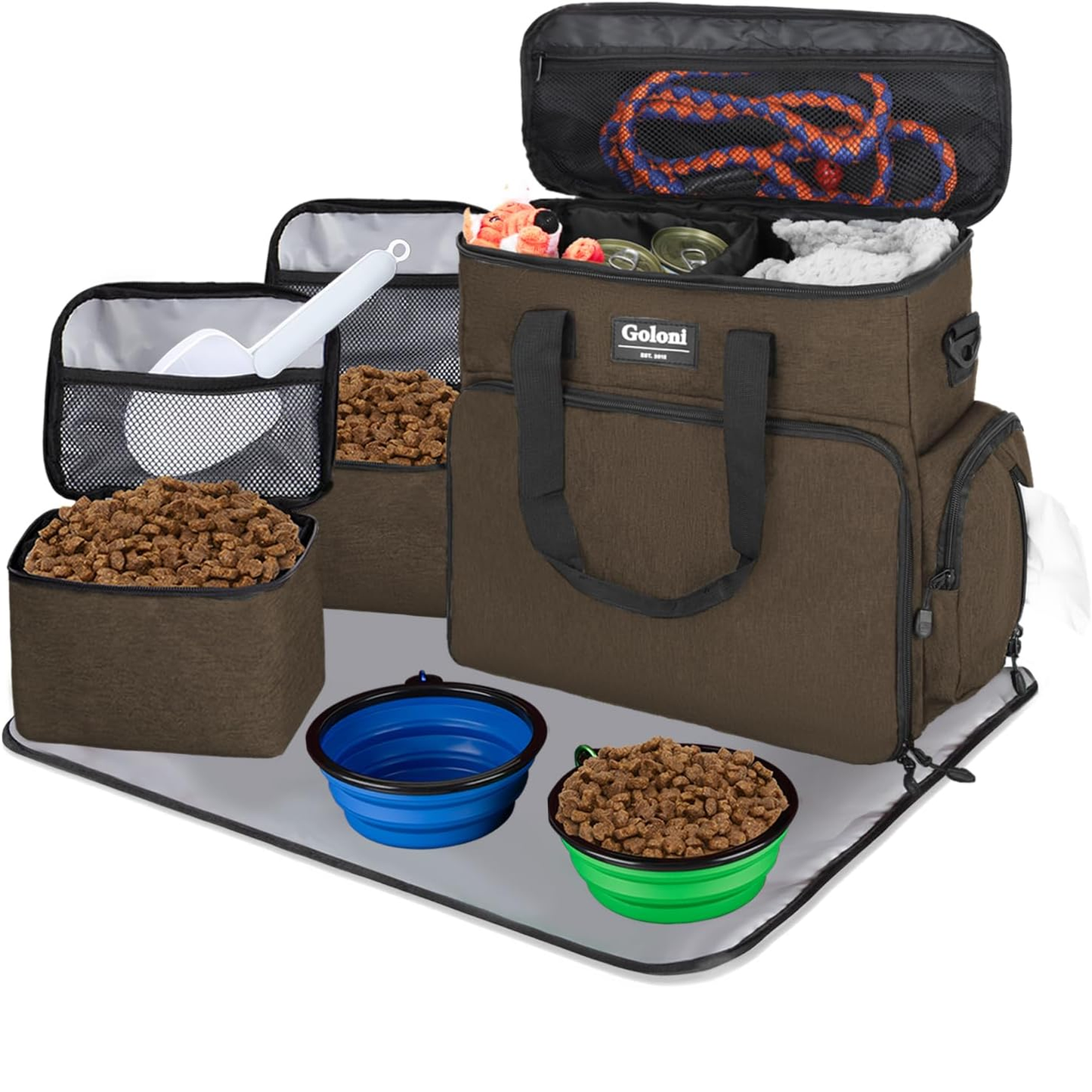 Dog Travel Bag Airline Approved–Pet Travel Tote with Collapsible Bowls,Food Containers & Feeding Mat–Multi-Pocket Organizer for Dogs & Cats, Durable & Water-Resistant for Hiking,Trips,Outdoors