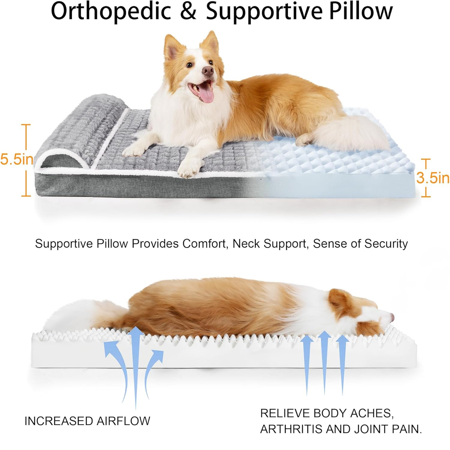Orthopedic Dog Bed Large Sized Dog with Pillow 36''X24'', Waterproof Soft Comfortable Egg Crate Foam Pet Crate Beds Mat with Removable Washable Cover and Non-Slip Bottom, Grey