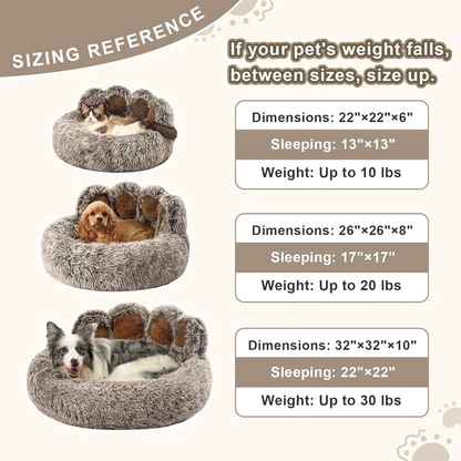 Paw Shape Calming Pet Bed, Plush Faux Fur Donut Bed for Dogs & Cats, Machine Washable, Non-Slip Bottom, Medium (22"×22"×6"), Gray