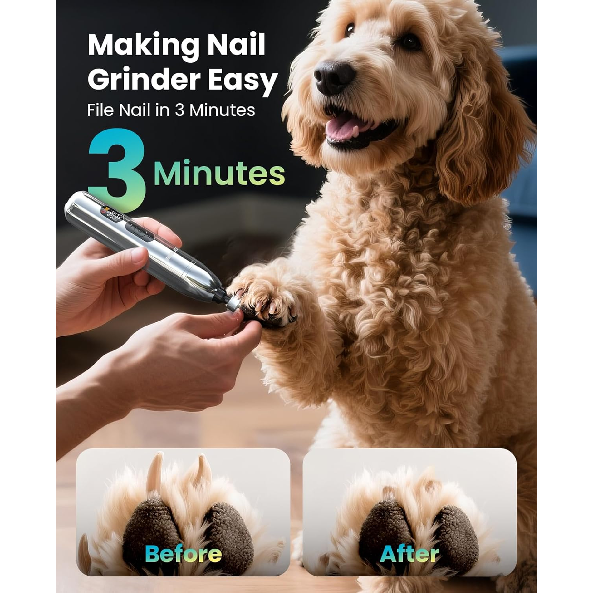 Dog Clippers for Grooming Thick/Heavy Coats, 4-In-1 Dog Grooming Kit Low Noise with Stainless Steel Blade, Cordless Dogs Paw Trimmer Pet Nail Grinder for Small & Large Dogs Cats 