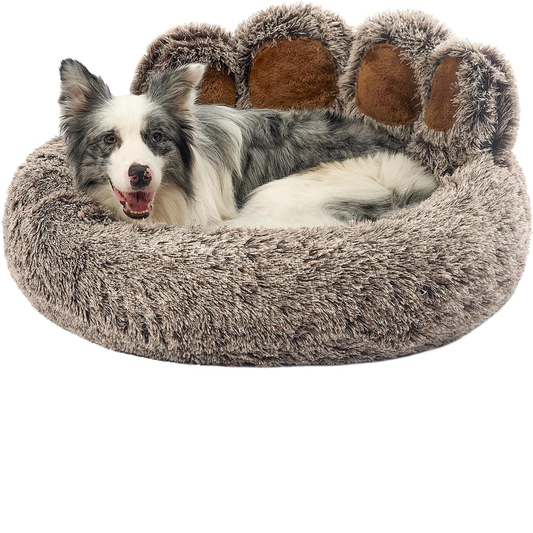 Paw Shape Calming Pet Bed, Plush Faux Fur Donut Bed for Dogs & Cats, Machine Washable, Non-Slip Bottom, Medium (22"×22"×6"), Gray