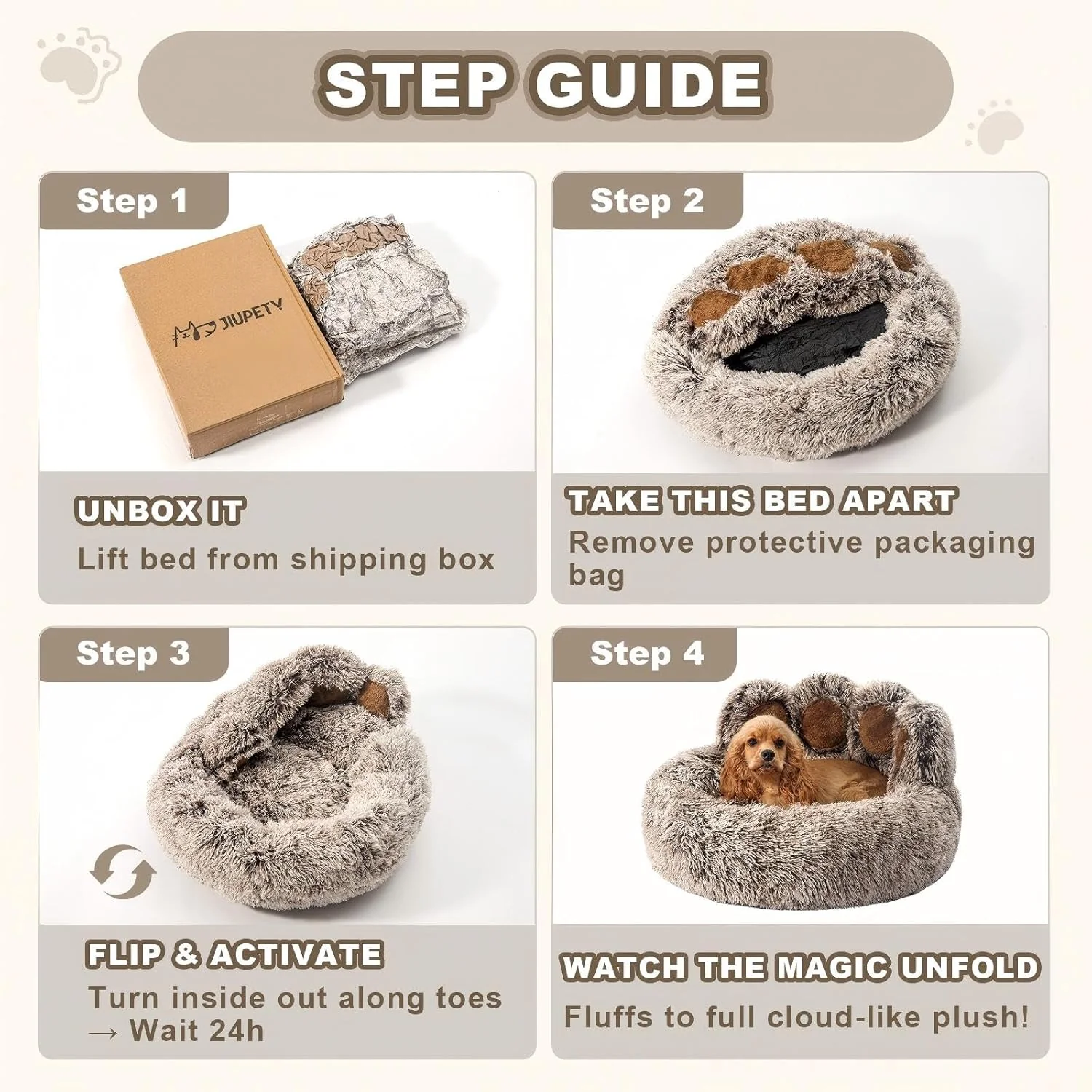 Paw Shape Calming Pet Bed, Plush Faux Fur Donut Bed for Dogs & Cats, Machine Washable, Non-Slip Bottom, Medium (22"×22"×6"), Gray