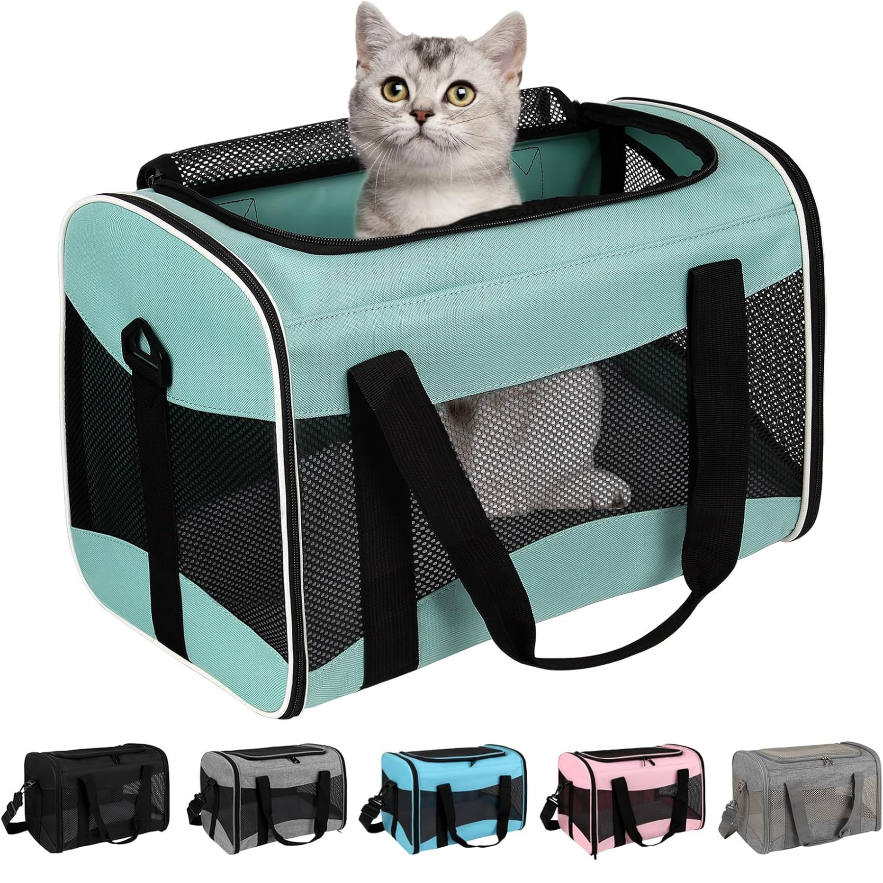 Cat Carrying Case Pet Dog Carrier Soft-Sided Cat Bag Airline Approved, Pet Travel Carrier up to 15 Lbs, Collapsible Cats Carrier Dog Carrier for Medium Small Cats Dogs(17X11X11 Green)