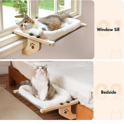 Cat Sill Window Perch Sturdy Hammock Window Seat with Cushion Bed Cover, Wood & Metal Frame for Large Cats, Easy to Adjust Cat Bed for Windowsill