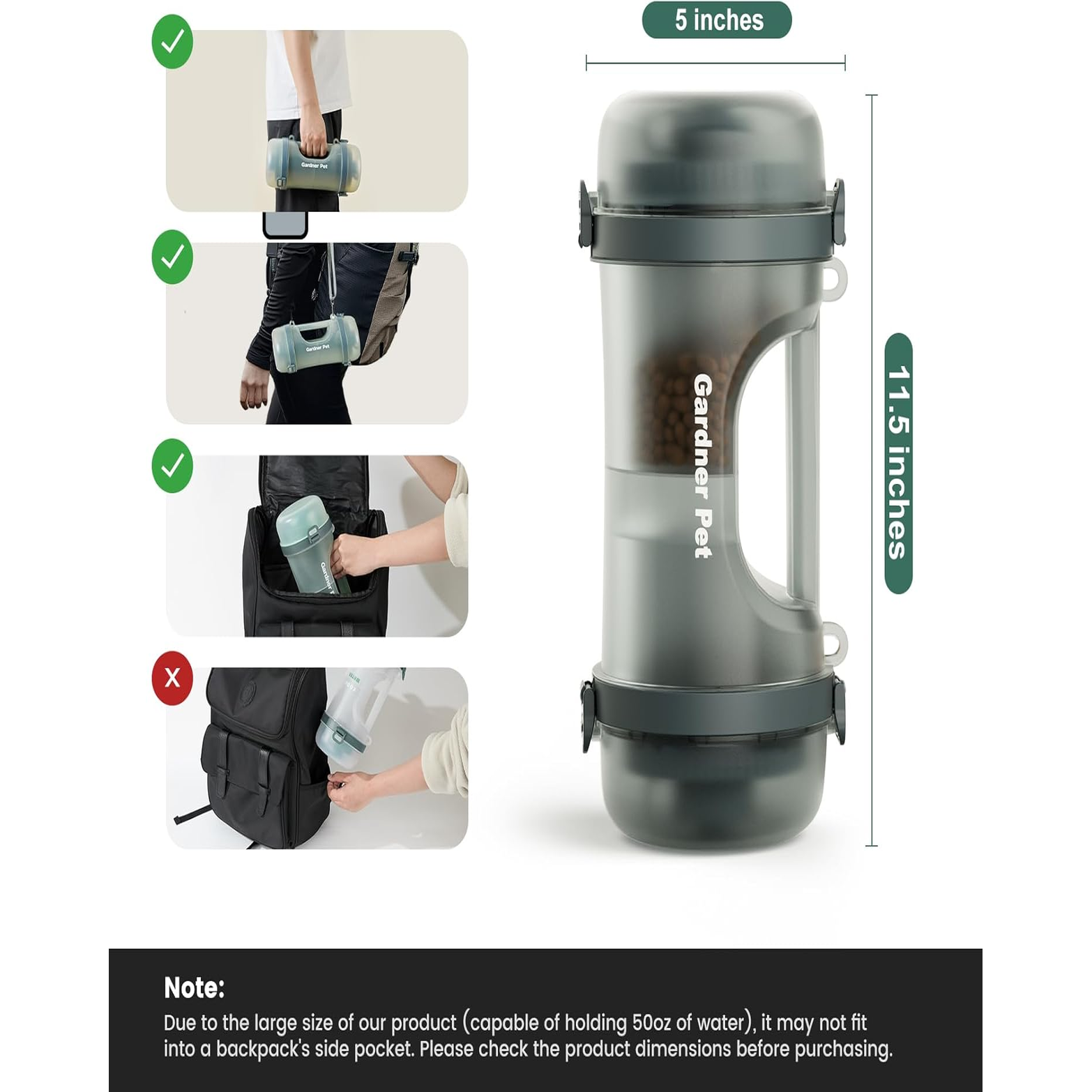 Portable Dog Water Bottle & Food Container (49.6Oz) – Leakproof Travel Water Bottle for Medium/Large Dogs (30+ Lbs) - 2 Collapsible Bowls & Shoulder Strap (Grey)