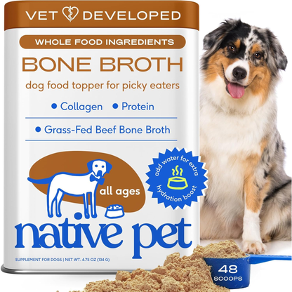 Native Pet Bone Broth for Dogs - Made with Real Beef Bone Broth, Dog Food Toppers for Picky Eaters - Provides Extra Hydration & Nutrition for Joint Strength, Immunity & Heart Health-48 Scoops