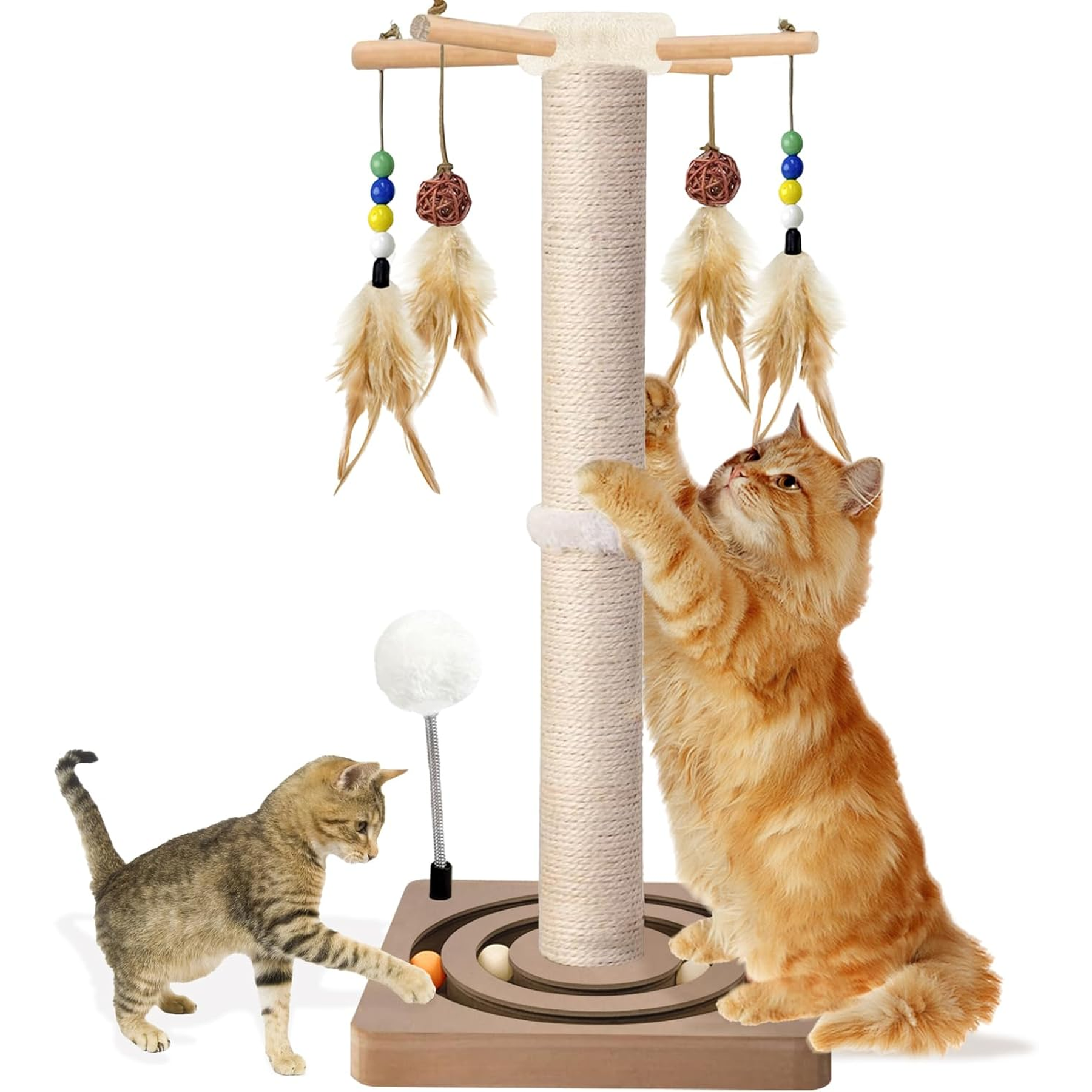 Cat Scratching Post, Sisal, Interactive Furniture Toys for Indoor Cats Adults, 2 Mounting Methods Scratcher Tree Tower with Hanging and Ball Track