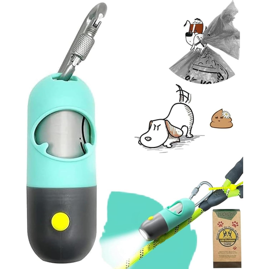 Dog Poop Bag Holder Dispenser with LED Flashlight - Night Visibility for Safe Evening Walks | Upgraded Hands-Free Leash Clip | Includes 15 Dog Waste Bags