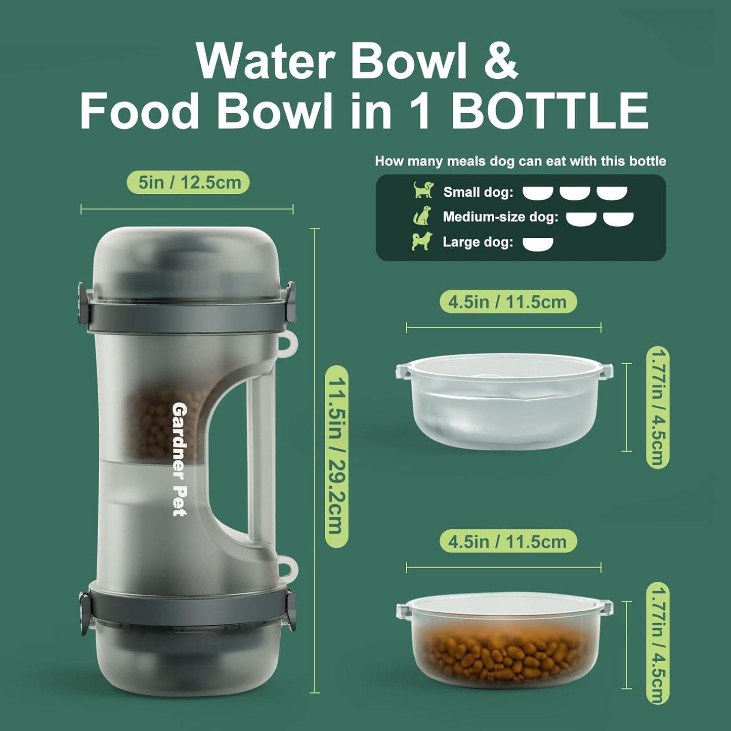 Portable Dog Water Bottle & Food Container (49.6Oz) – Leakproof Travel Water Bottle for Medium/Large Dogs (30+ Lbs) - 2 Collapsible Bowls & Shoulder Strap (Grey)