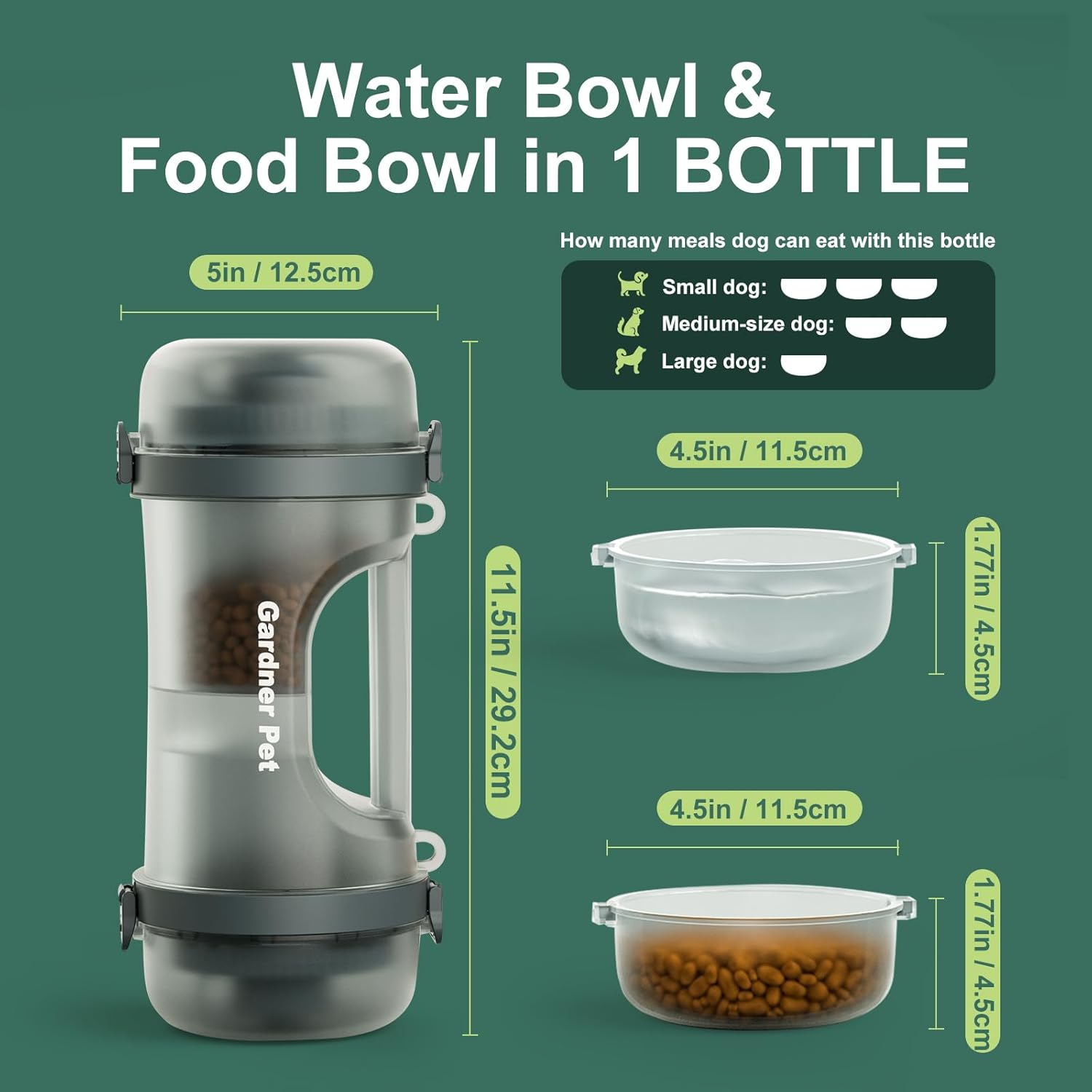 Portable Dog Water Bottle & Food Container (49.6Oz) – Leakproof Travel Water Bottle for Medium/Large Dogs (30+ Lbs) - 2 Collapsible Bowls & Shoulder Strap (Grey)