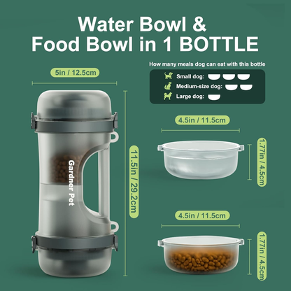 Portable Dog Water Bottle & Food Container (49.6Oz) – Leakproof Travel Water Bottle for Medium/Large Dogs (30+ Lbs) - 2 Collapsible Bowls & Shoulder Strap (Grey)