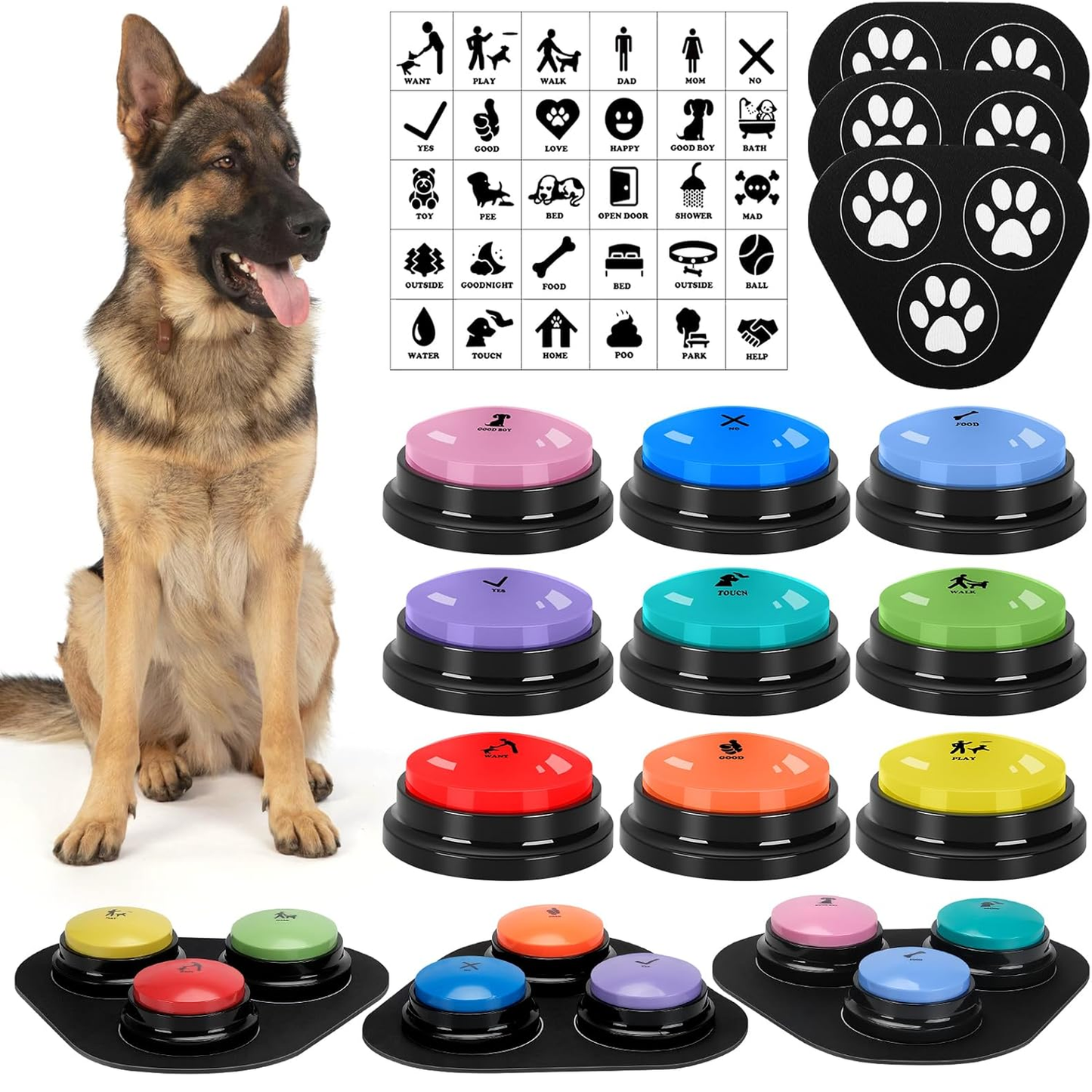 Dog Buttons for Communication Starter Pack 8 Dog Talking Button Set, 30S Voice Recording Speaking Button Pet Speech Training Buzzers with 30 Scene Stickers and Dog Button Mat for Animal Training