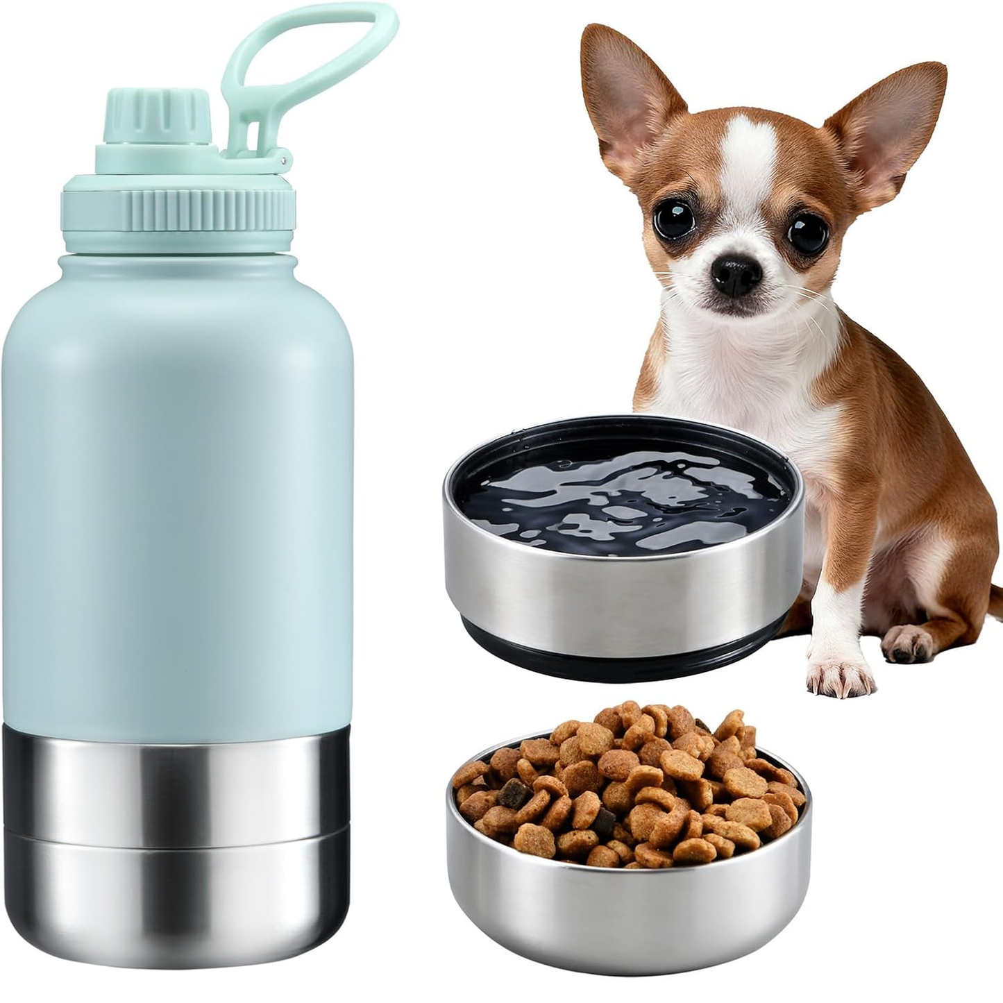Insulated Dog Water Bottle with 2 Bowls, 32Oz Travel Stainless Steel Double Wall Thermos, Portable Food and Water Dispenser