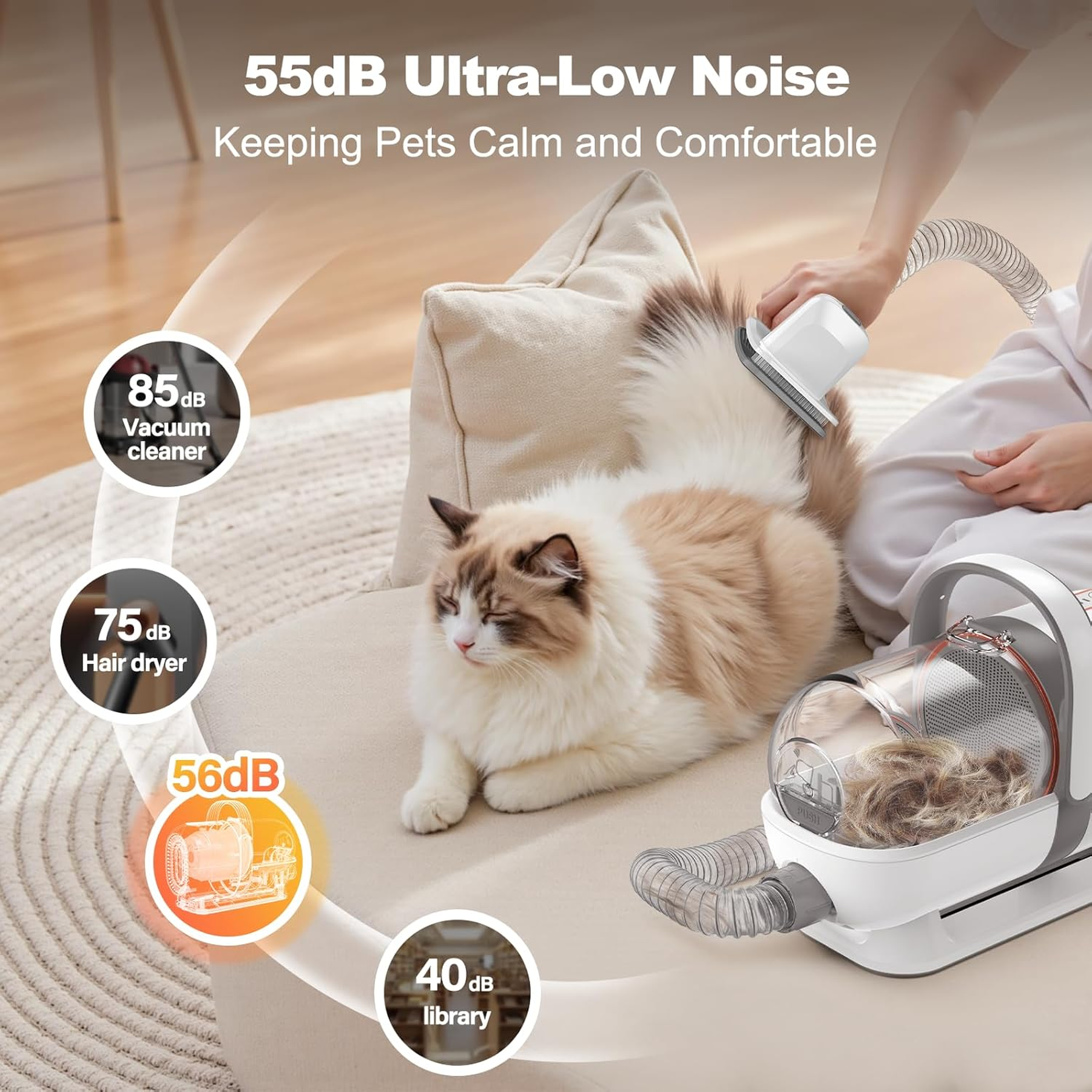 Afloia 6-In-1 Dog Grooming Kit, Pet Grooming Vacuum for Shedding, Dog Hair Vacuum with Clipper Nail Trimmer Grinder, Pet Brush Groomer at Home, Low Noise Cats Hair Remover, 1.5L Dust Cup, White