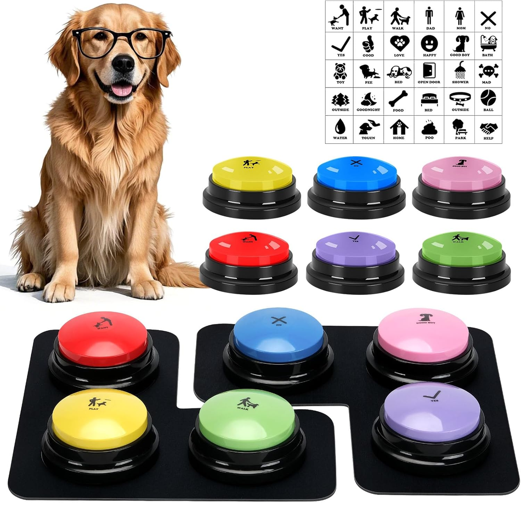 Dog Buttons for Communication Starter Pack 8 Dog Talking Button Set, 30S Voice Recording Speaking Button Pet Speech Training Buzzers with 30 Scene Stickers and Dog Button Mat for Animal Training