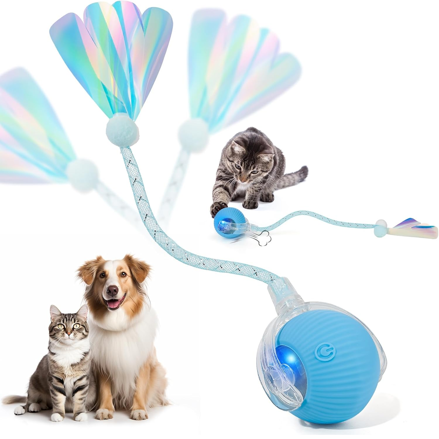 Interactive Cat Toy for Indoor Cats & Dogs, Agile Moving Cat Ball with Elastic Mesh Tail, Rechargeable Enrichment Toy, Smart Automatic Rolling Pet Ball Toy for  Dogs & Cats (Blue)