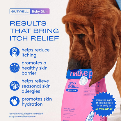 Gutwell Itchy Skin - Dog Itching Skin Relief & Seasonal Allergy Itch Relief for Dogs - Promotes Skin Hydration, Elasticity & Healthy Barrier with Triple-Biotic Blend, Zinc, & Vitamin E - 60 Scoops
