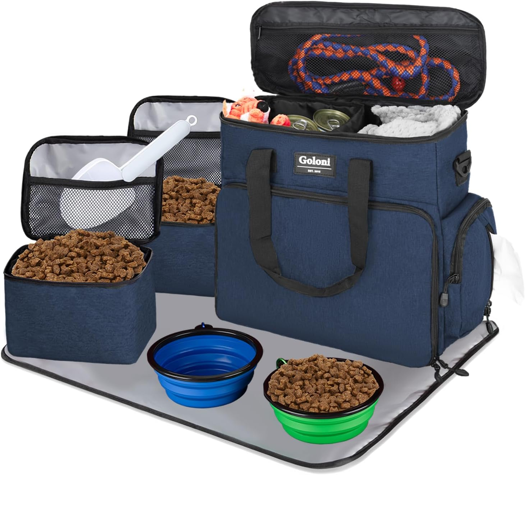 Dog Travel Bag Airline Approved–Pet Travel Tote with Collapsible Bowls,Food Containers & Feeding Mat–Multi-Pocket Organizer for Dogs & Cats, Durable & Water-Resistant for Hiking,Trips,Outdoors