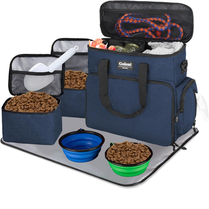 Dog Travel Bag Airline Approved–Pet Travel Tote with Collapsible Bowls,Food Containers & Feeding Mat–Multi-Pocket Organizer for Dogs & Cats, Durable & Water-Resistant for Hiking,Trips,Outdoors