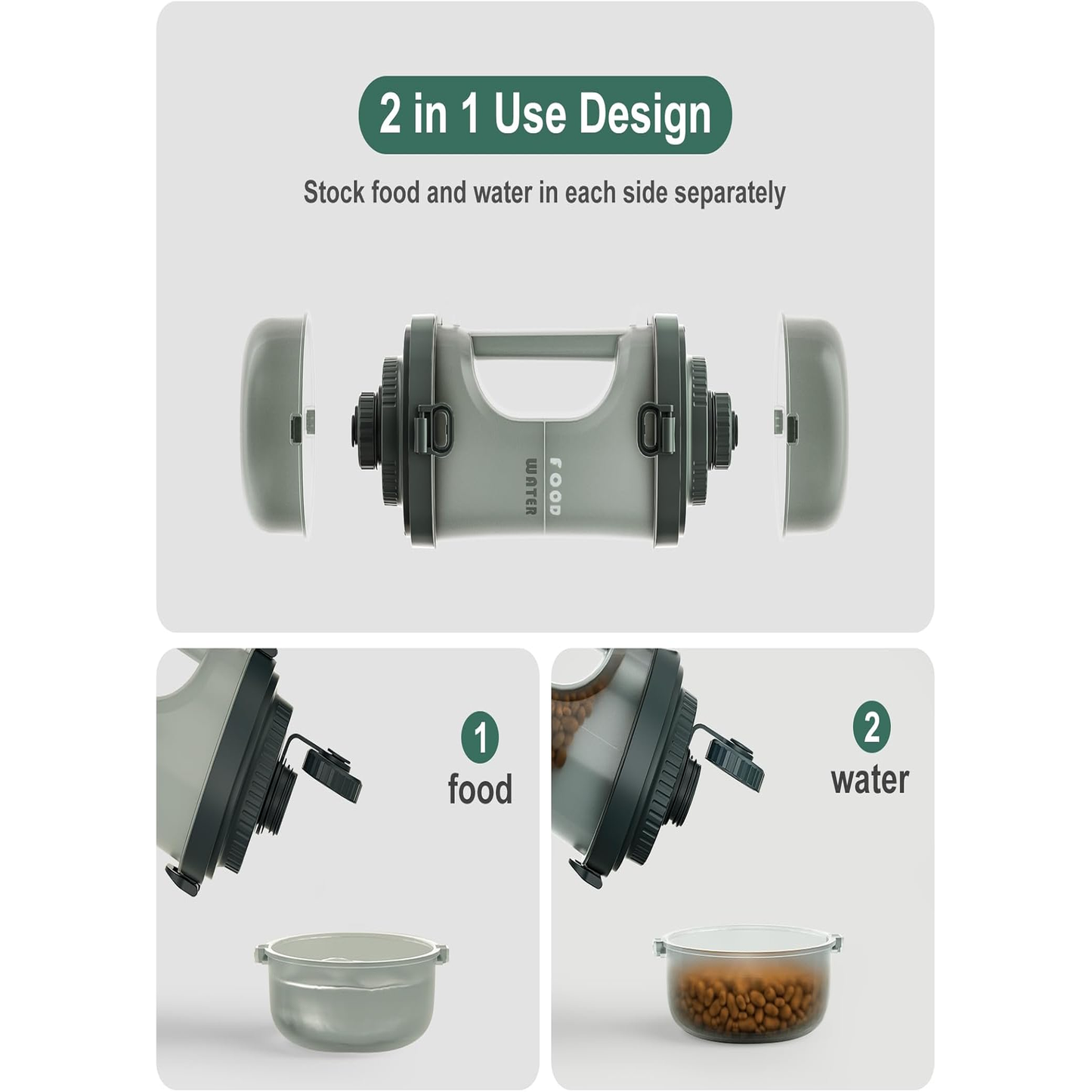 Portable Dog Water Bottle & Food Container (49.6Oz) – Leakproof Travel Water Bottle for Medium/Large Dogs (30+ Lbs) - 2 Collapsible Bowls & Shoulder Strap (Grey)