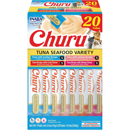 INABA Churu Cat Treats, Lickable, Squeezable Creamy Purée Cat Treat, 20 Tubes, Tuna & Seafood Variety 