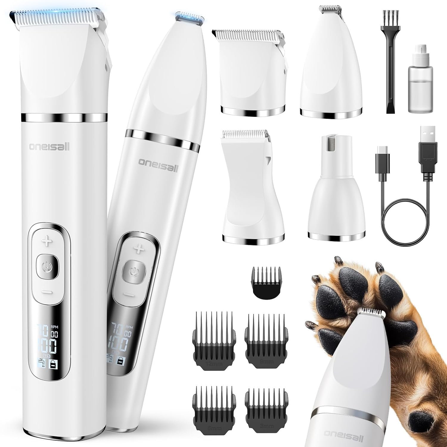 4 in 1 Dog Grooming Kit with LCD Display, Dog Hair Trimmer for Paw Nail Grinder, Rechargeable Cordless Low Noise Waterproof Pet Clippers