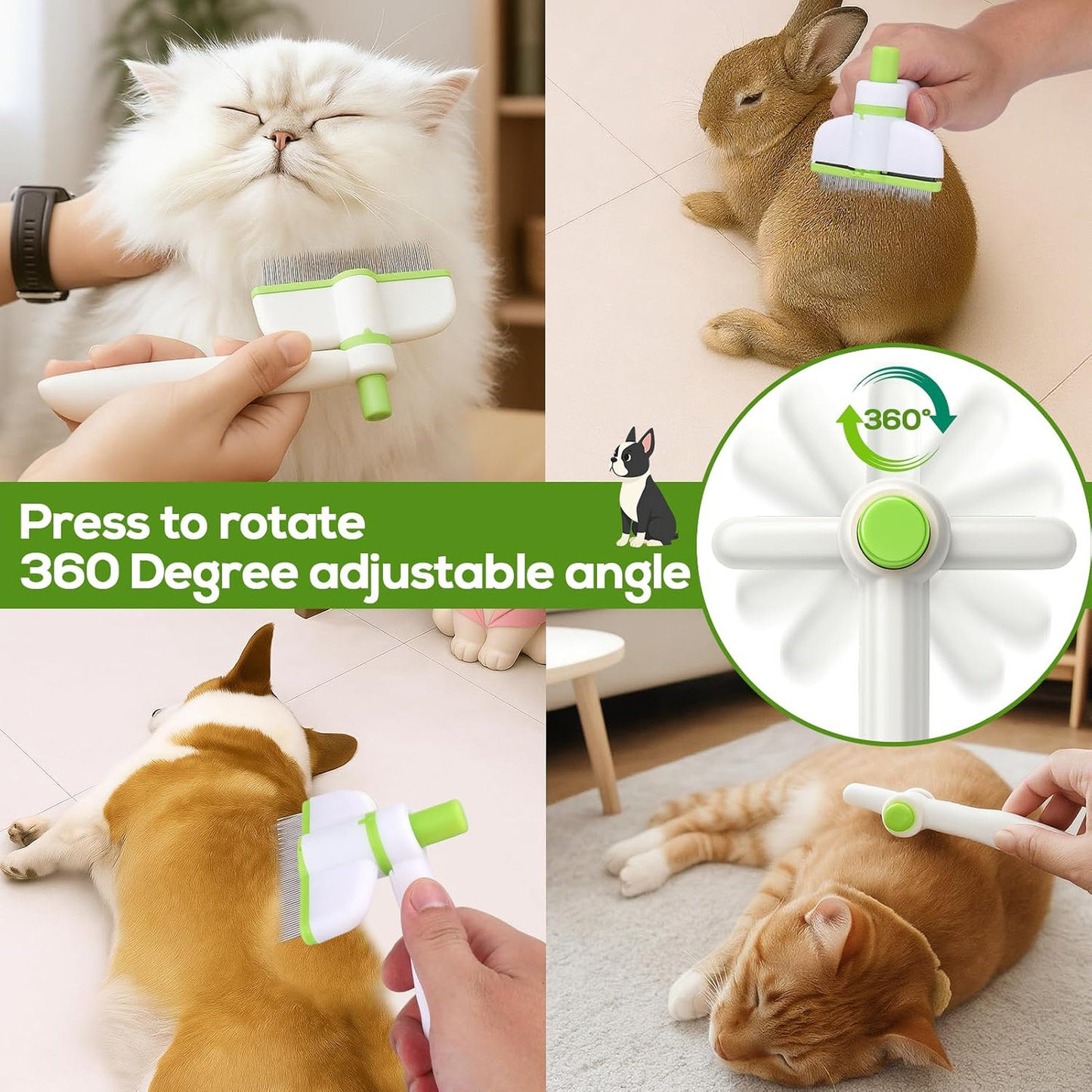 Rotatable Flea Comb for Cats and Dogs, Self Cleaning Pet Flea Comb Grooming Brush for Shedding and Detangling, Fine Tooth Tick Lice Comb for Short & Long Pet Hair Removal Tool,2 Pcs