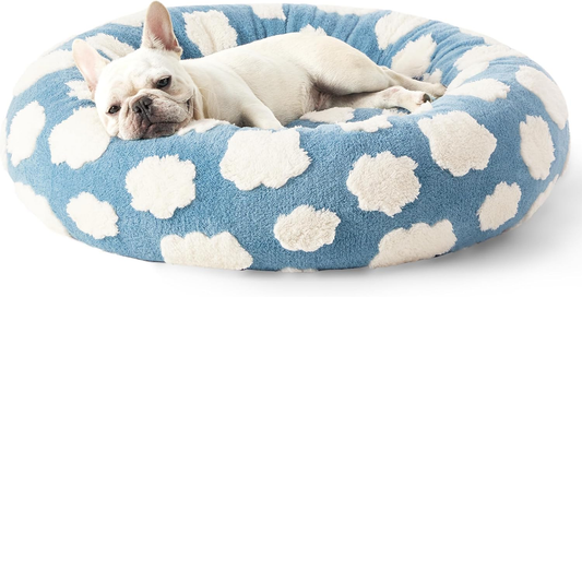 Calming Donut Dog Bed 30 Inch – Medium Round Dog & Cat Bed with Washable Cover, Shaggy Plush, Anti-Slip Bottom, Cozy Indoor Pet Bed(Blue Cloud)