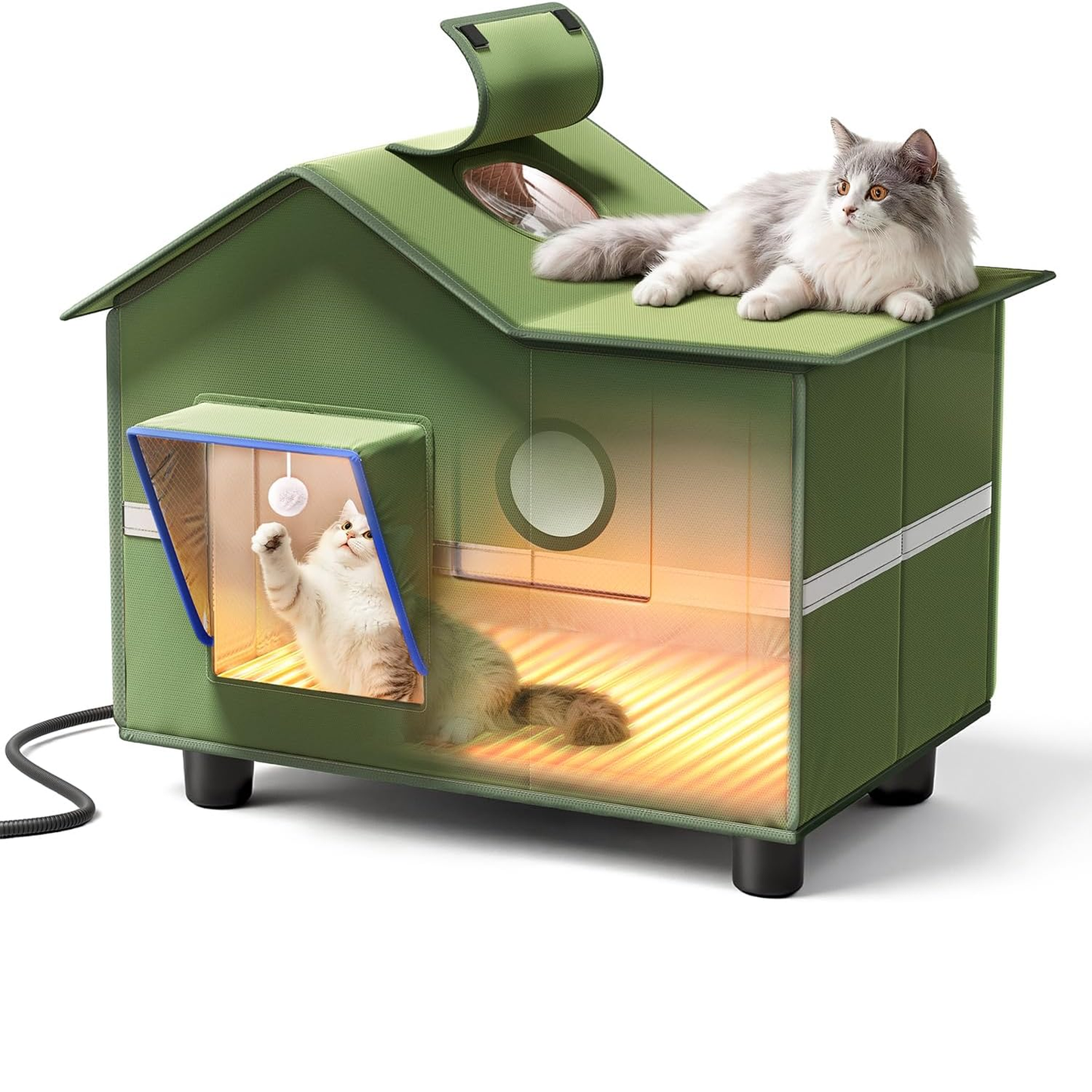 Heated Cat Shelter for Outside, Large Outdoor Cat House with Roof Window and Cozy Cushion, Weatherproof Foldable and Easy Assembly Design