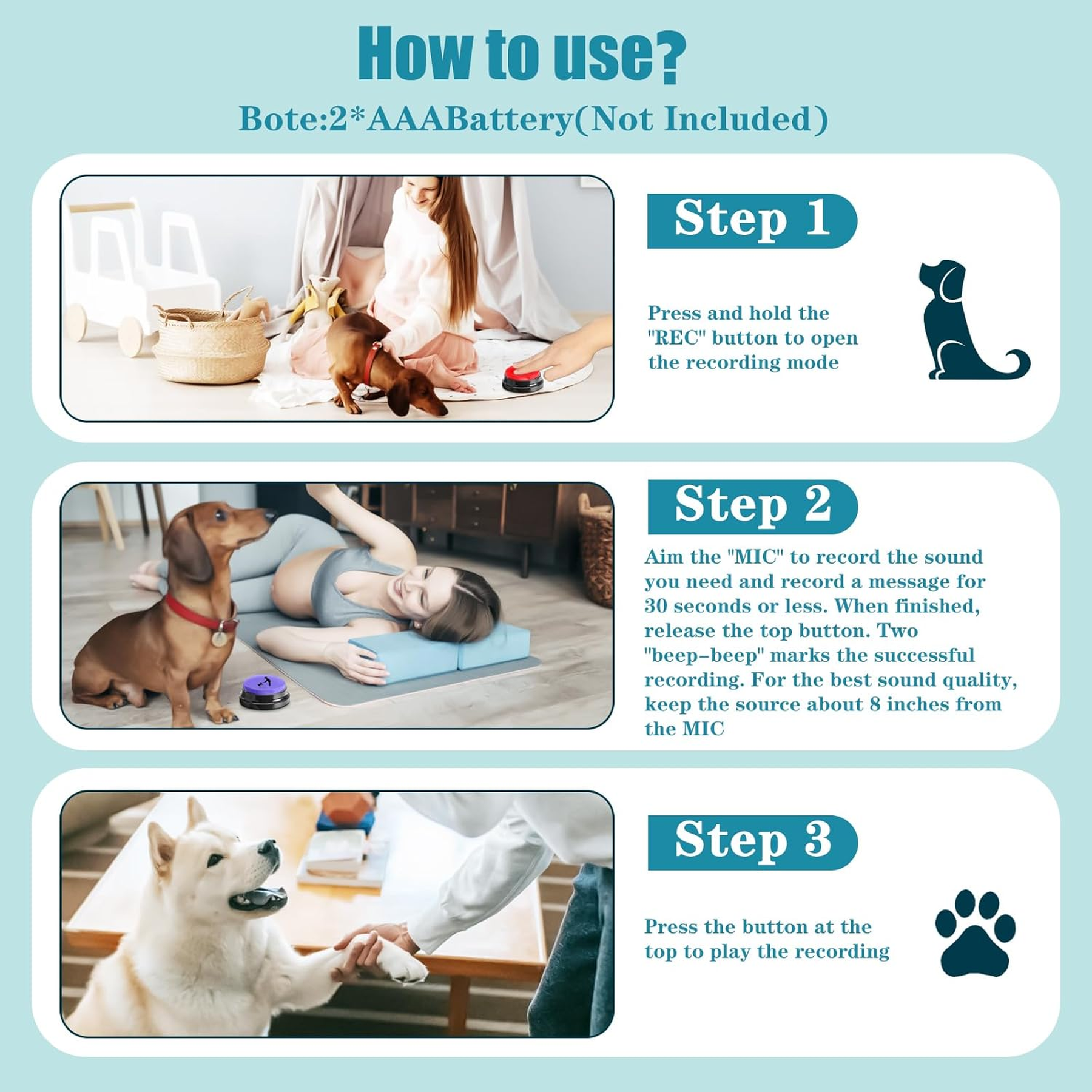 Dog Buttons for Communication Starter Pack 8 Dog Talking Button Set, 30S Voice Recording Speaking Button Pet Speech Training Buzzers with 30 Scene Stickers and Dog Button Mat for Animal Training