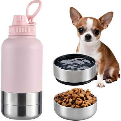 Insulated Dog Water Bottle with 2 Bowls, 32Oz Travel Stainless Steel Double Wall Thermos, Portable Food and Water Dispenser