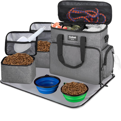 Dog Travel Bag Airline Approved–Pet Travel Tote with Collapsible Bowls,Food Containers & Feeding Mat–Multi-Pocket Organizer for Dogs & Cats, Durable & Water-Resistant for Hiking,Trips,Outdoors