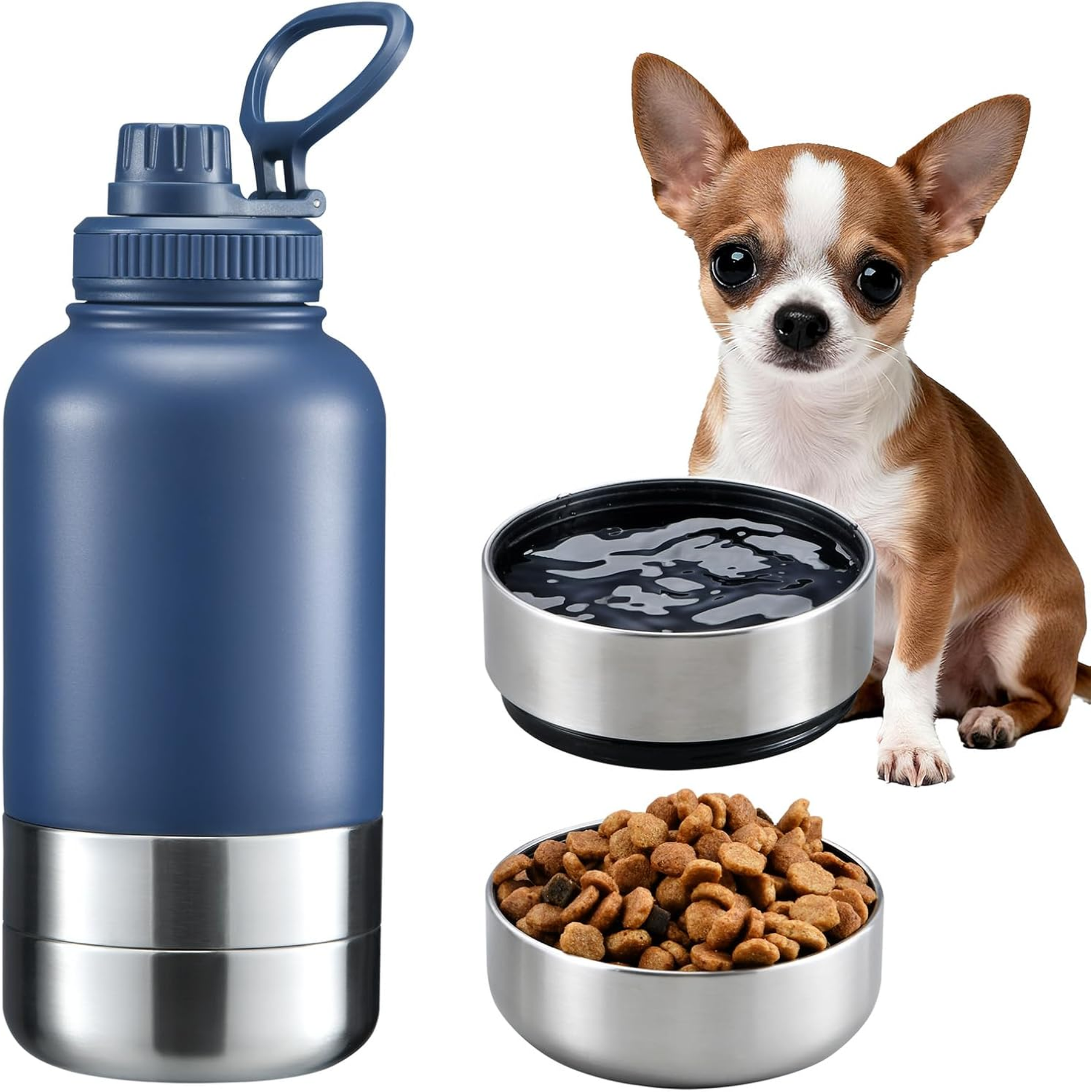 Insulated Dog Water Bottle with 2 Bowls, 32Oz Travel Stainless Steel Double Wall Thermos, Portable Food and Water Dispenser