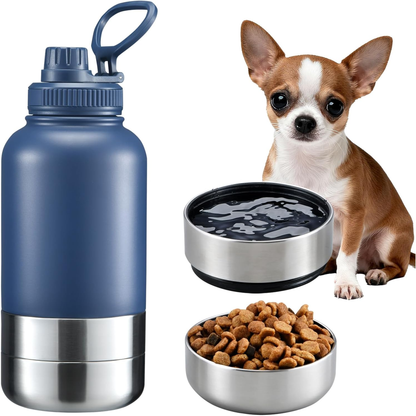 Insulated Dog Water Bottle with 2 Bowls, 32Oz Travel Stainless Steel Double Wall Thermos, Portable Food and Water Dispenser
