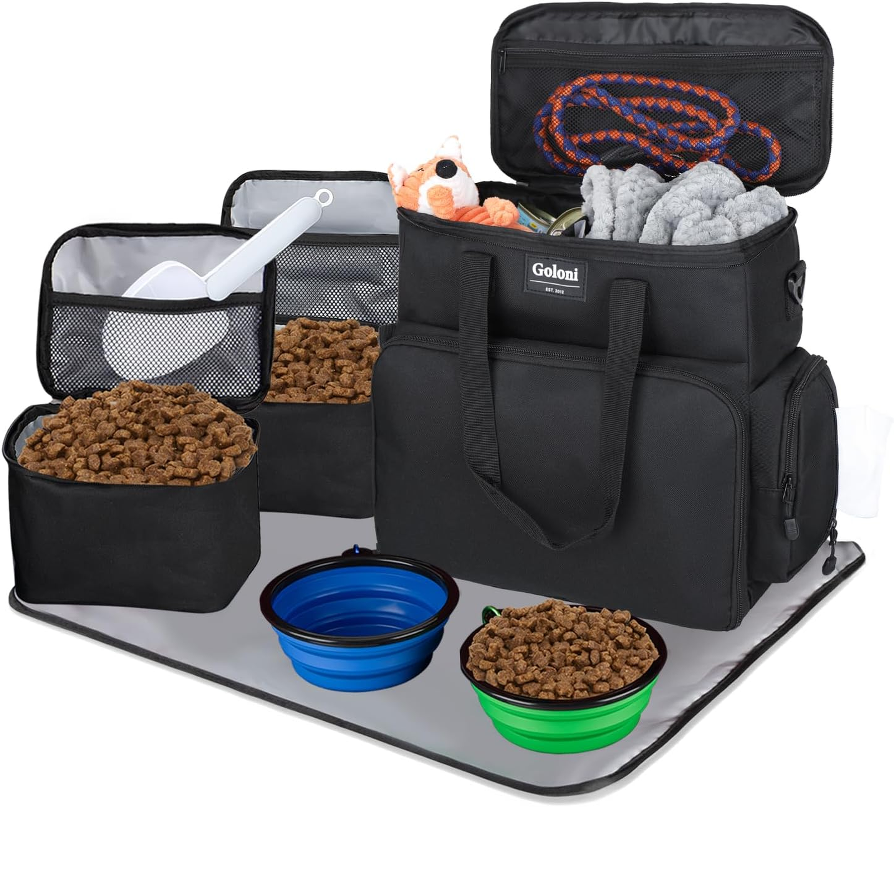 Dog Travel Bag Airline Approved–Pet Travel Tote with Collapsible Bowls,Food Containers & Feeding Mat–Multi-Pocket Organizer for Dogs & Cats, Durable & Water-Resistant for Hiking,Trips,Outdoors