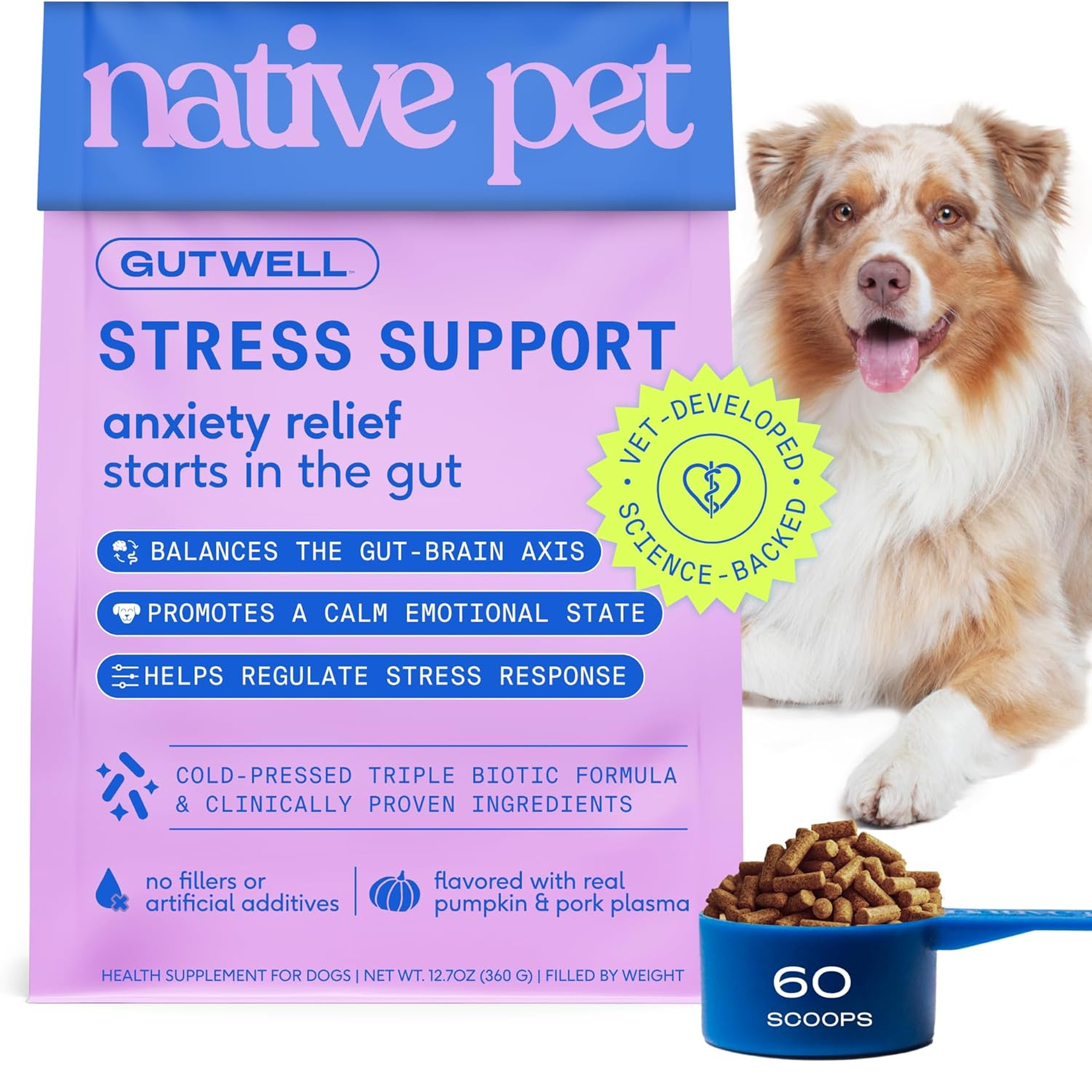 Native Pet Gutwell Stress Support - Dog Anxiety Relief & Calming Treats - Tasty Food Topper for Dog Stress and Anxiety Relief - Support Gut-Brain Axis with Triple-Biotic Blend & Magnesium - 60 Scoops