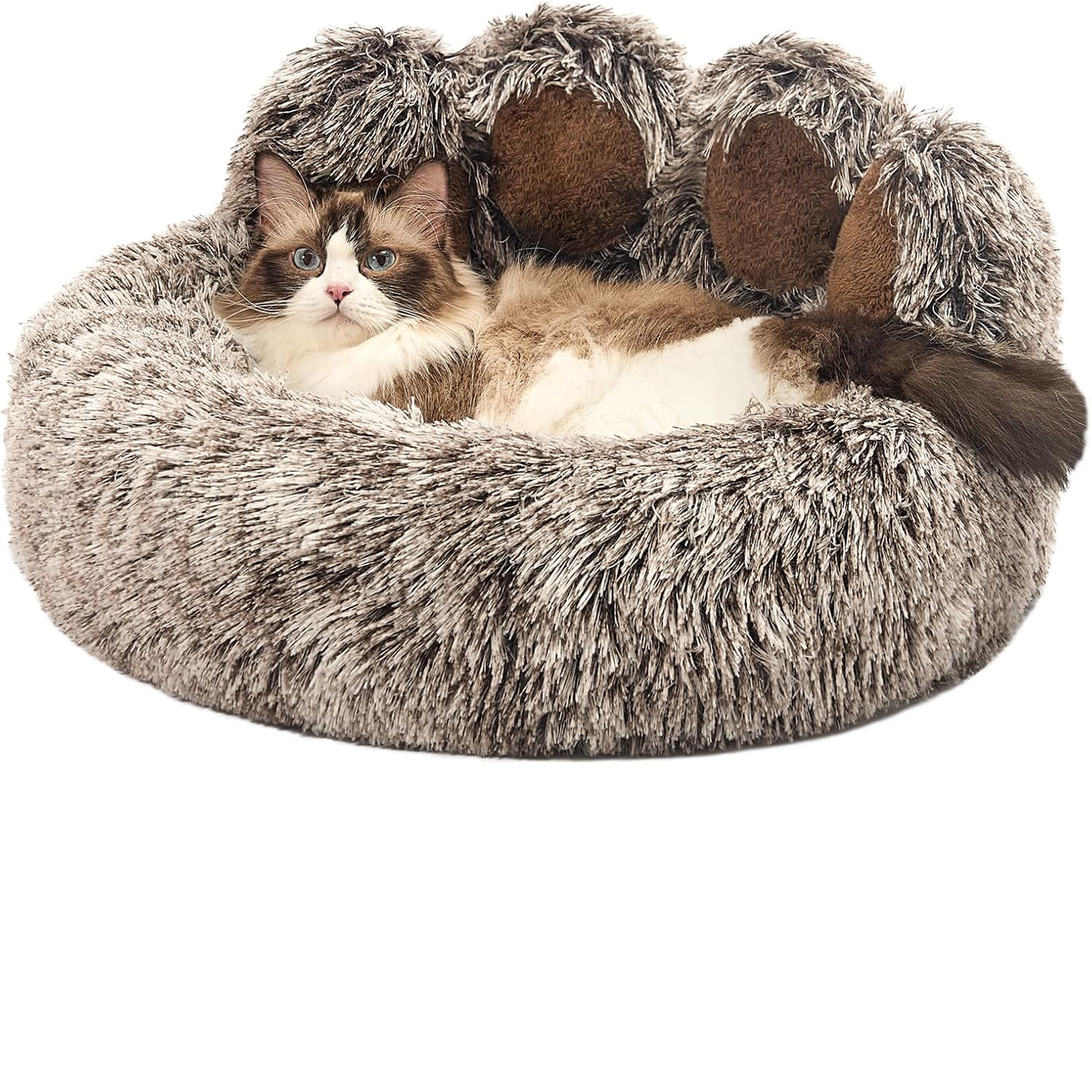 Paw Shape Calming Pet Bed, Plush Faux Fur Donut Bed for Dogs & Cats, Machine Washable, Non-Slip Bottom, Medium (22"×22"×6"), Gray