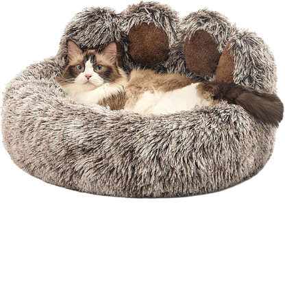 Paw Shape Calming Pet Bed, Plush Faux Fur Donut Bed for Dogs & Cats, Machine Washable, Non-Slip Bottom, Medium (22"×22"×6"), Gray