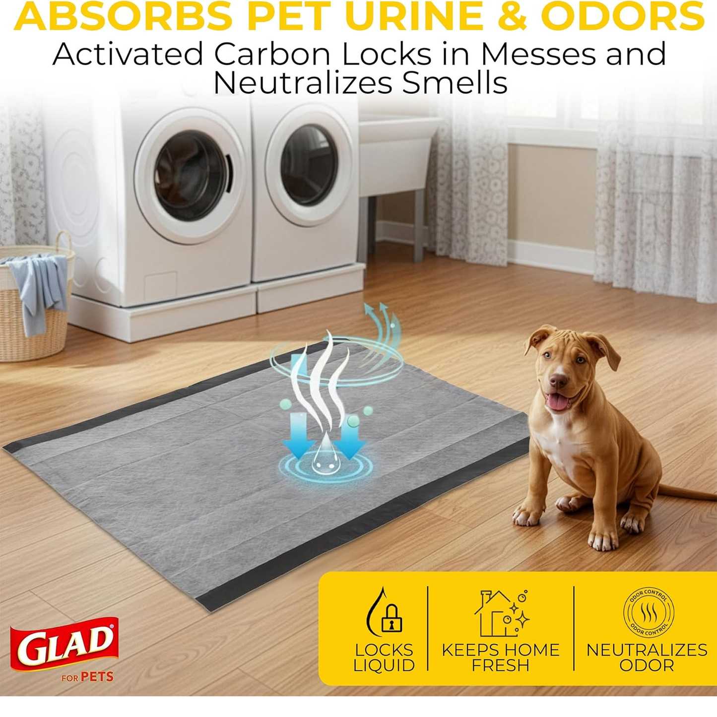 Glad for Pets JUMBOSIZE/XL Charcoal Puppy Pads, Allinone Black Training Pads That ABSORB & Neutralize Urine Instantly New & Improved Quality, 50 Count 