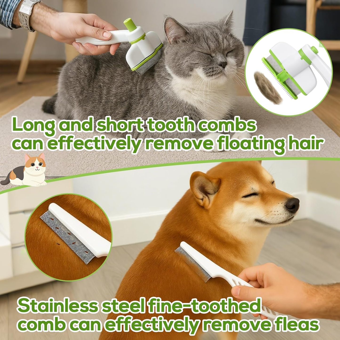 Rotatable Flea Comb for Cats and Dogs, Self Cleaning Pet Flea Comb Grooming Brush for Shedding and Detangling, Fine Tooth Tick Lice Comb for Short & Long Pet Hair Removal Tool,2 Pcs