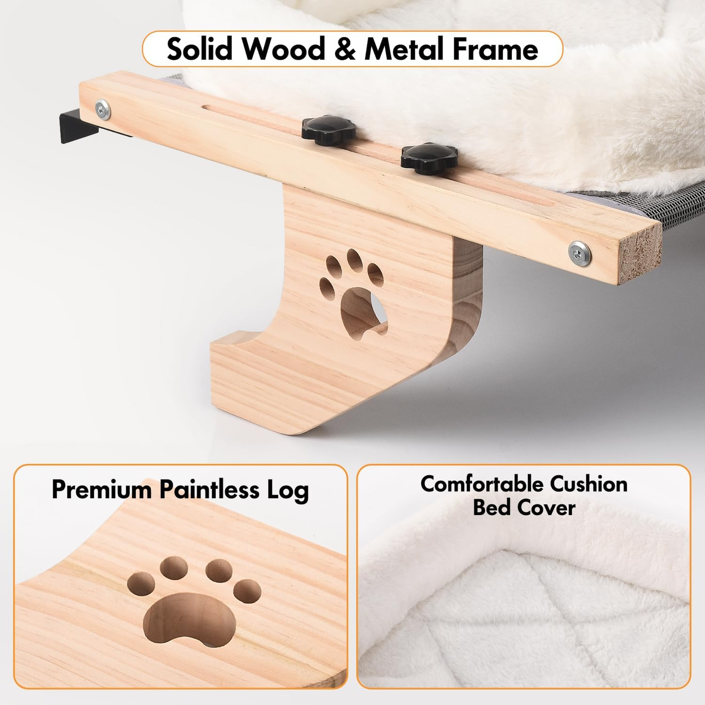 Cat Sill Window Perch Sturdy Hammock Window Seat with Cushion Bed Cover, Wood & Metal Frame for Large Cats, Easy to Adjust Cat Bed for Windowsill