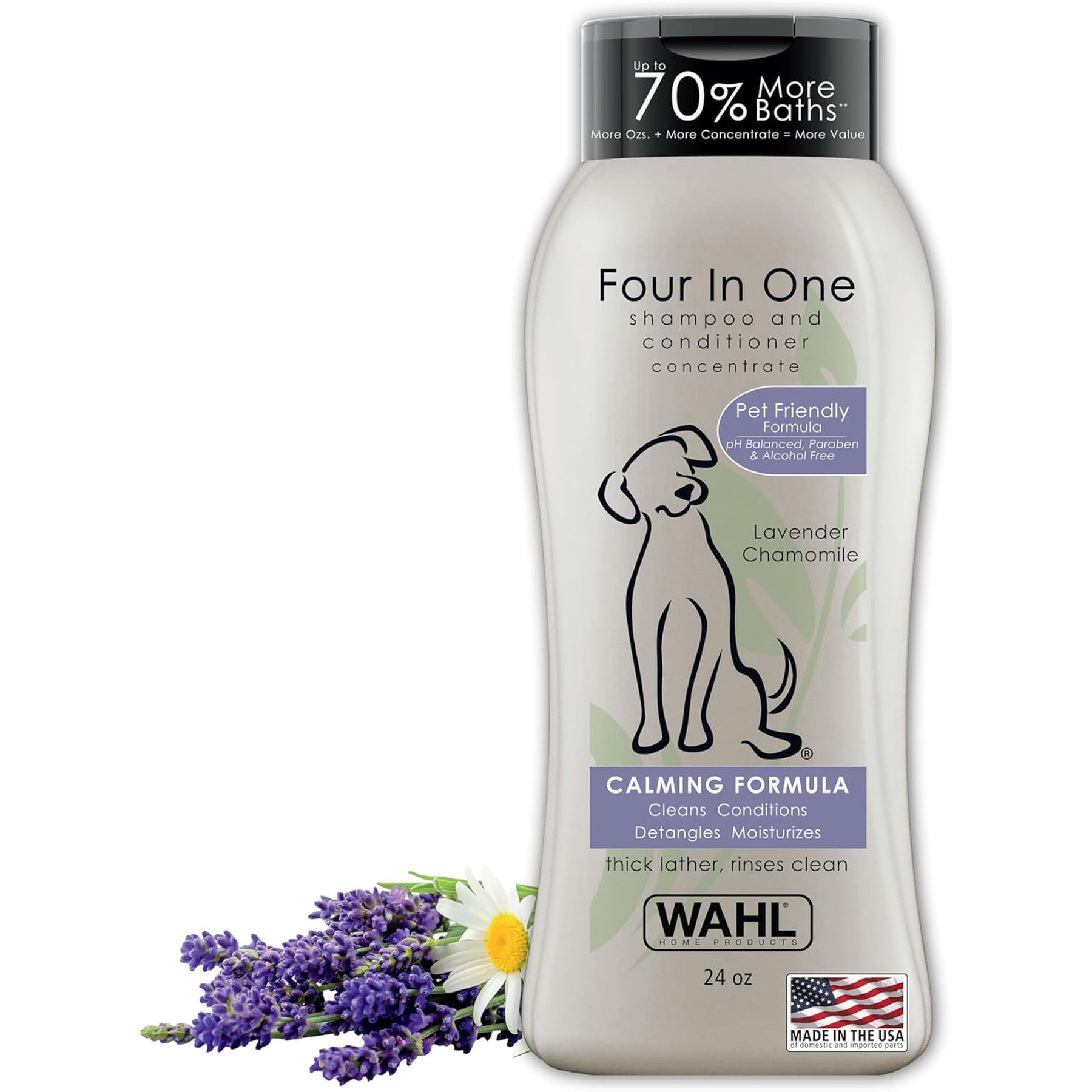 Wahl USA 4-In-1 Calming Dog Shampoo with Lavender Chamomile Scent – Cleans, Conditions, Detangles, & Moisturizes - Pet Friendly Formula - 24 Oz - Model 820000A