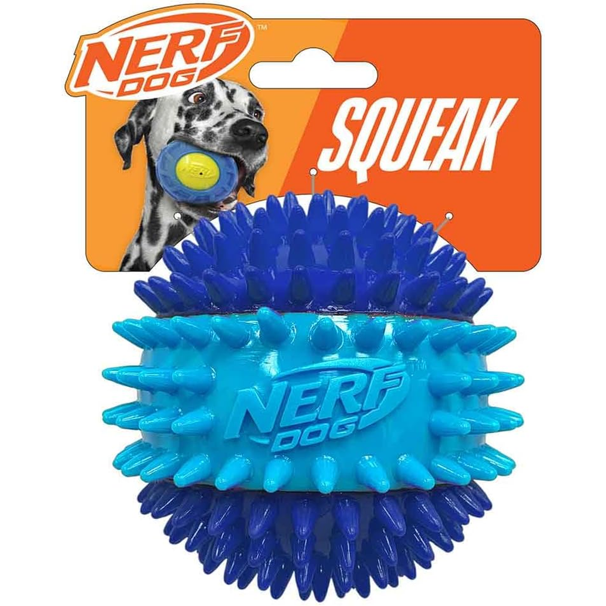 Nerf Dog 3.7In TPR 3-Part Spike Squeak Ball Dog Toy - Dark Blue/Light Blue