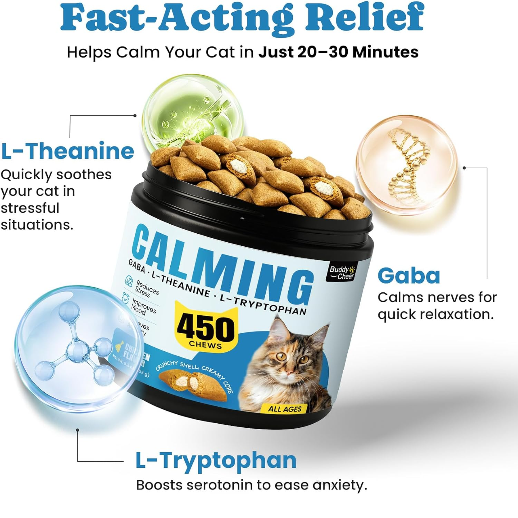 Calming Cat Treats with GABA for Anxiety Relief - Calming Cat Chews Help Reduce Stress & Promote Relaxation, Melatonin for Cats for Grooming, Travel, Vet Visits & Separation Anxiety - Chicken Flavor
