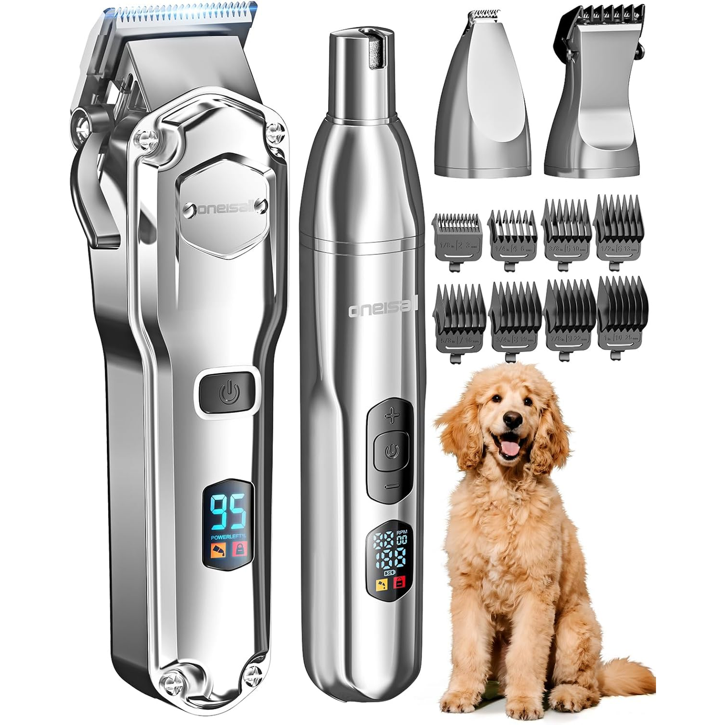 Dog Clippers for Grooming Thick/Heavy Coats, 4-In-1 Dog Grooming Kit Low Noise with Stainless Steel Blade, Cordless Dogs Paw Trimmer Pet Nail Grinder for Small & Large Dogs Cats 
