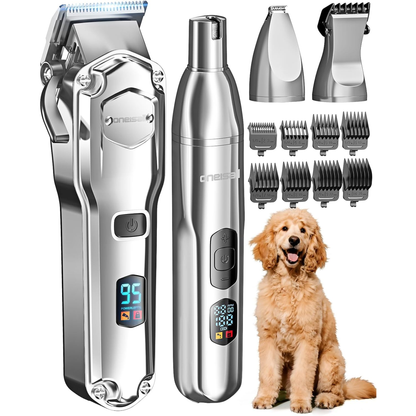 Dog Clippers for Grooming Thick/Heavy Coats, 4-In-1 Dog Grooming Kit Low Noise with Stainless Steel Blade, Cordless Dogs Paw Trimmer Pet Nail Grinder for Small & Large Dogs Cats 
