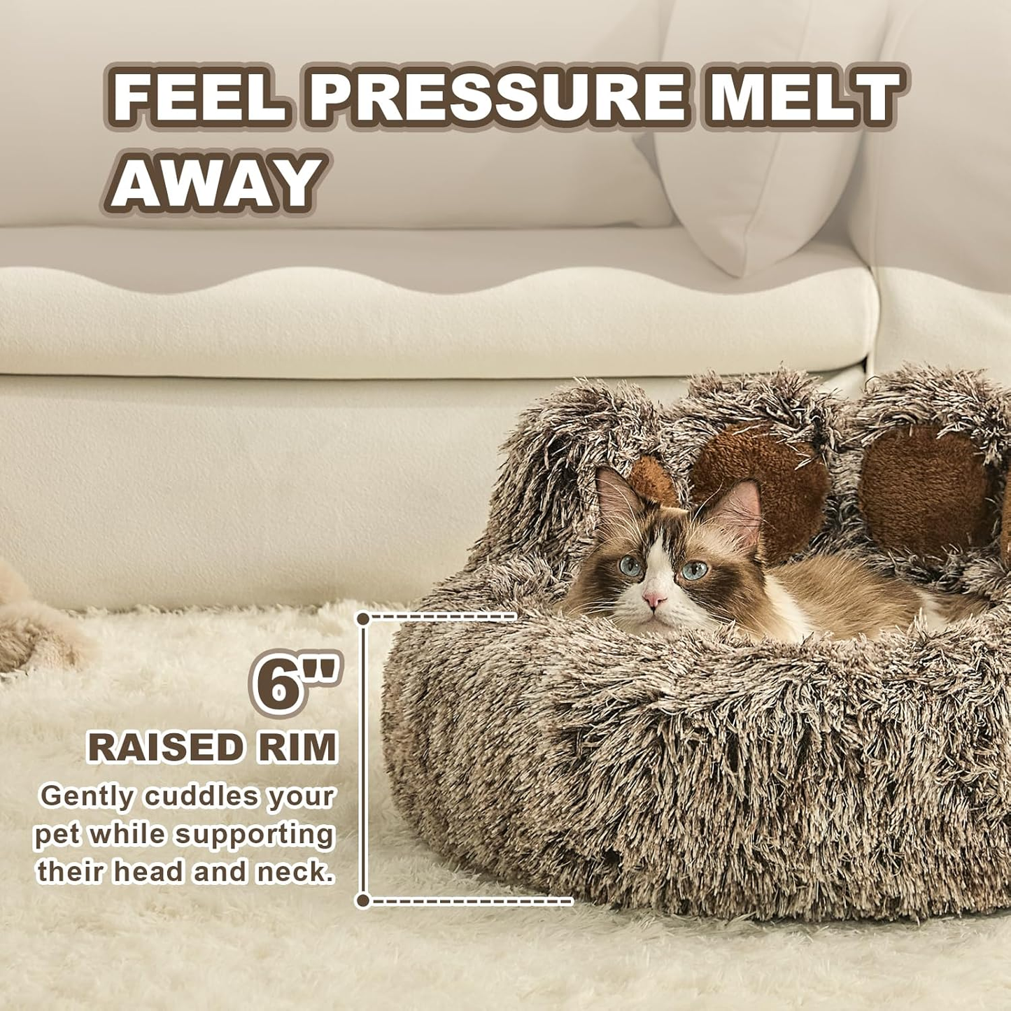 Paw Shape Calming Pet Bed, Plush Faux Fur Donut Bed for Dogs & Cats, Machine Washable, Non-Slip Bottom, Medium (22"×22"×6"), Gray
