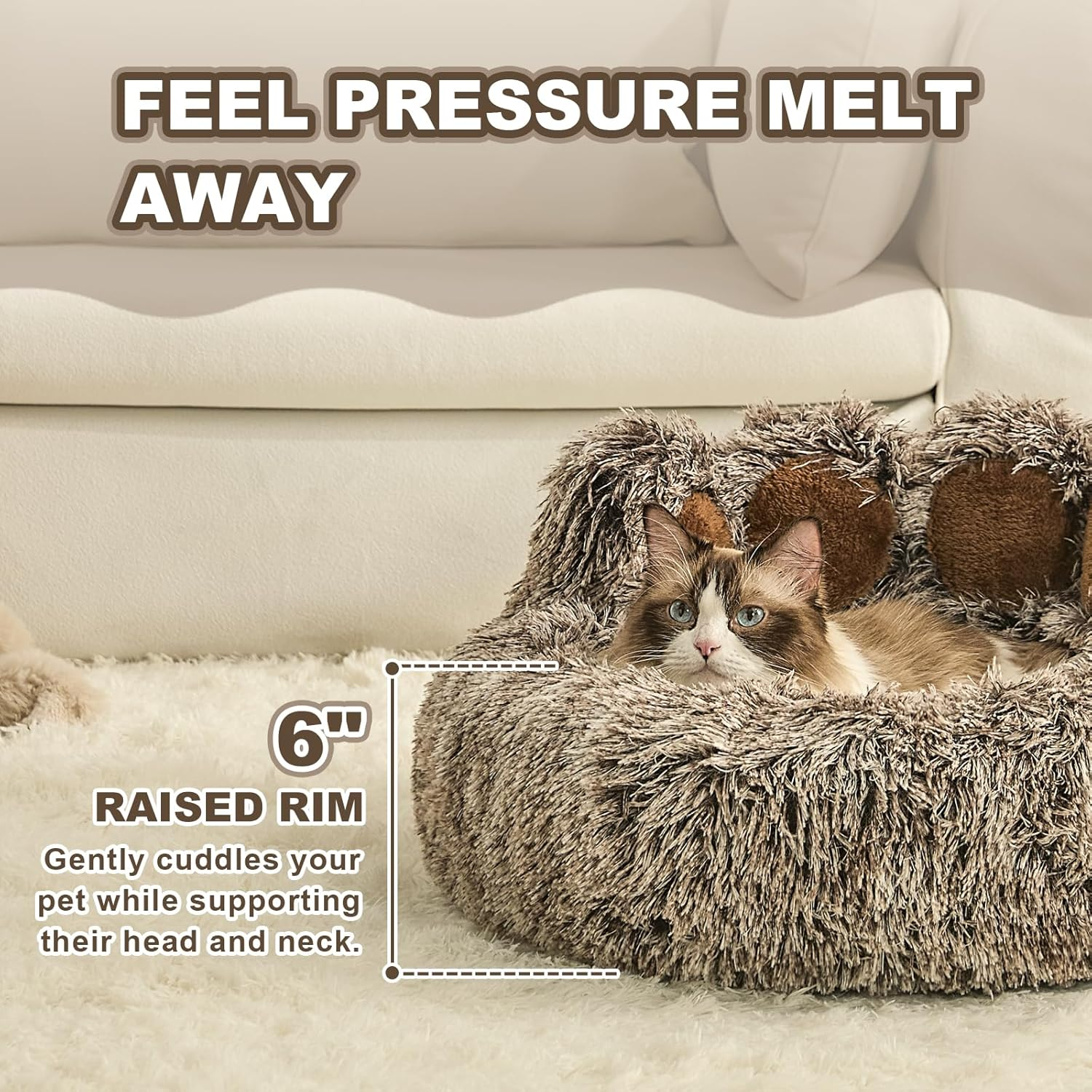 Paw Shape Calming Pet Bed, Plush Faux Fur Donut Bed for Dogs & Cats, Machine Washable, Non-Slip Bottom, Medium (22"×22"×6"), Gray