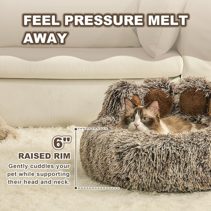 Paw Shape Calming Pet Bed, Plush Faux Fur Donut Bed for Dogs & Cats, Machine Washable, Non-Slip Bottom, Medium (22"×22"×6"), Gray